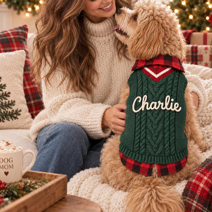 Personalized Rope Embroidery Cable Knit Plaid Pet Sweater
