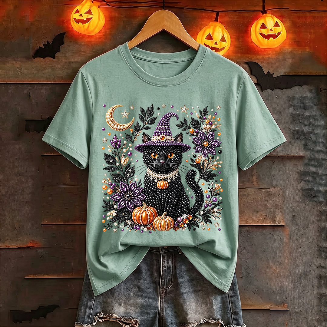 Puptailor Personalized Diamond Halloween Cat Casual Print T-shirt