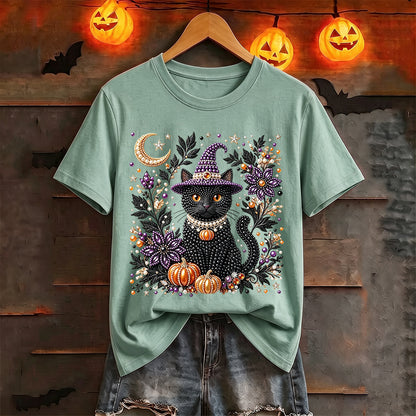 Puptailor Personalized Diamond Halloween Cat Casual Print T-shirt