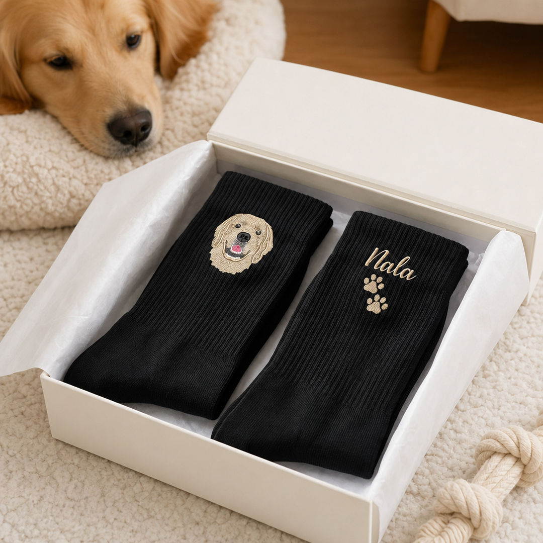 Custom Pet Portrait & Name Embroidered Crew Socks