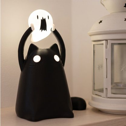Funny Halloween-Black Cat Holding Ghost Lamp