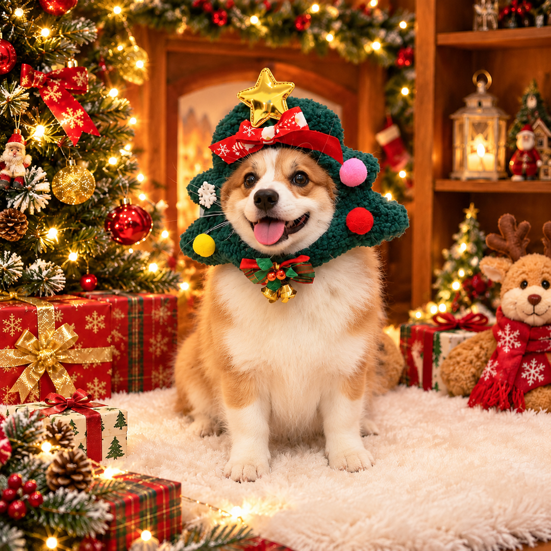 Fuzzy Christmas Tree Pet Hat with Star & Bells