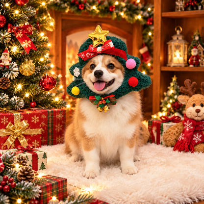 Fuzzy Christmas Tree Pet Hat with Star & Bells