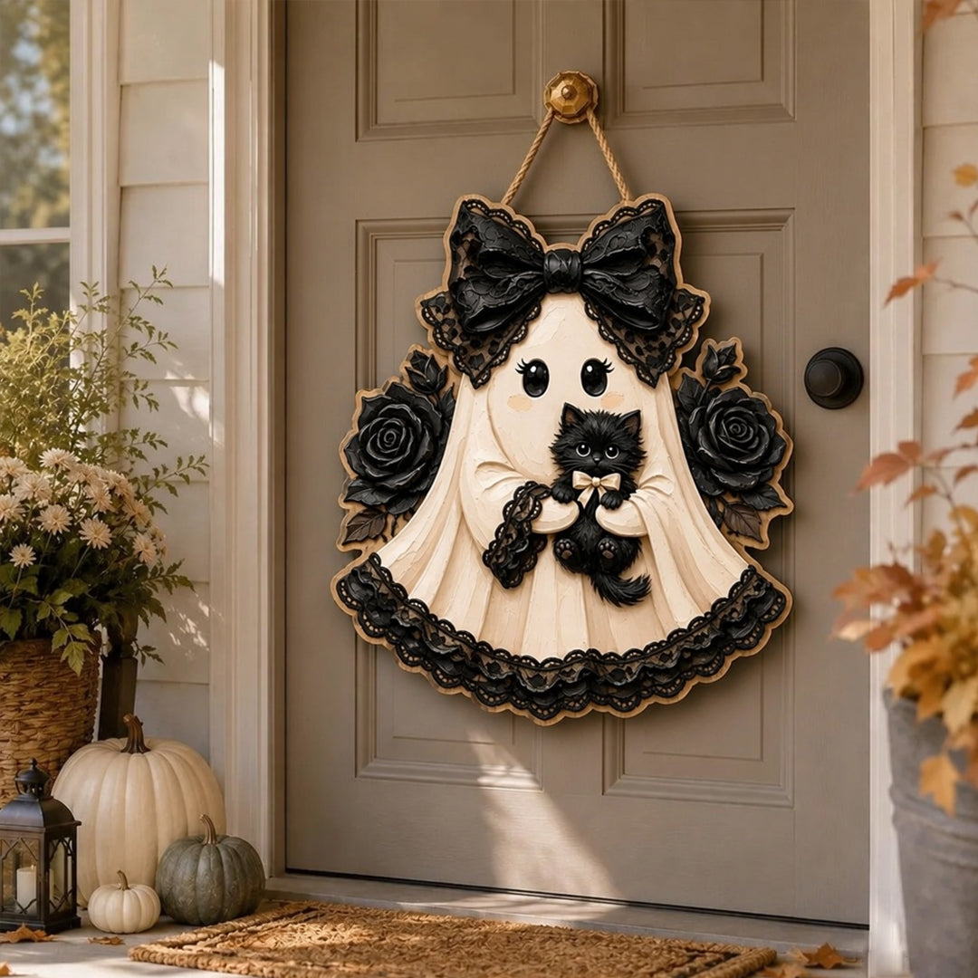 Puptailor Wooden Halloween Witch and Ghost Hanging Sign