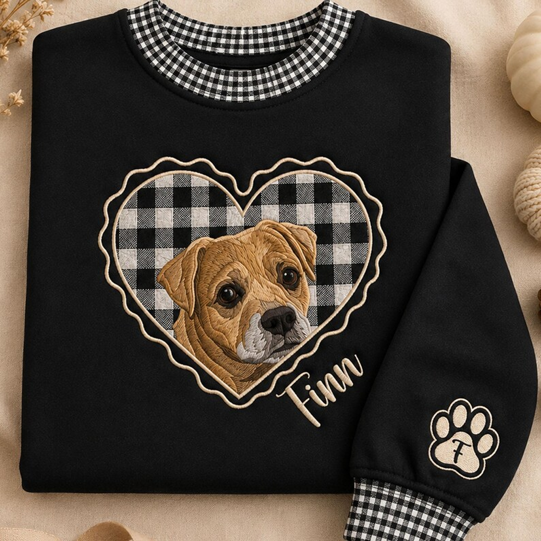 Custom Gingham Heart Pet Portrait Mock Neck Sweatshirt