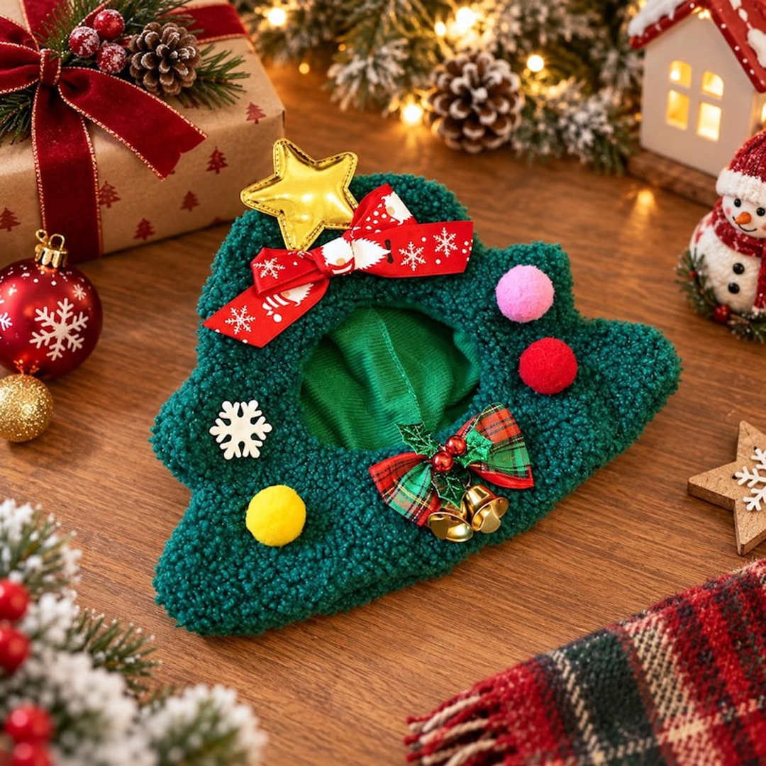 Fuzzy Christmas Tree Pet Hat with Star & Bells
