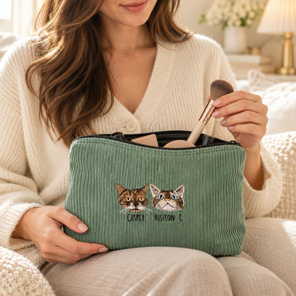 Personalized Pet Portrait Corduroy Makeup Bag with Embroidered Name