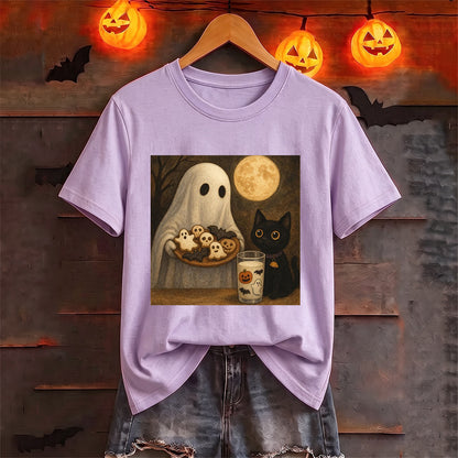 Puptailor Vintage Ghost Black Cat Halloween T‑Shirt