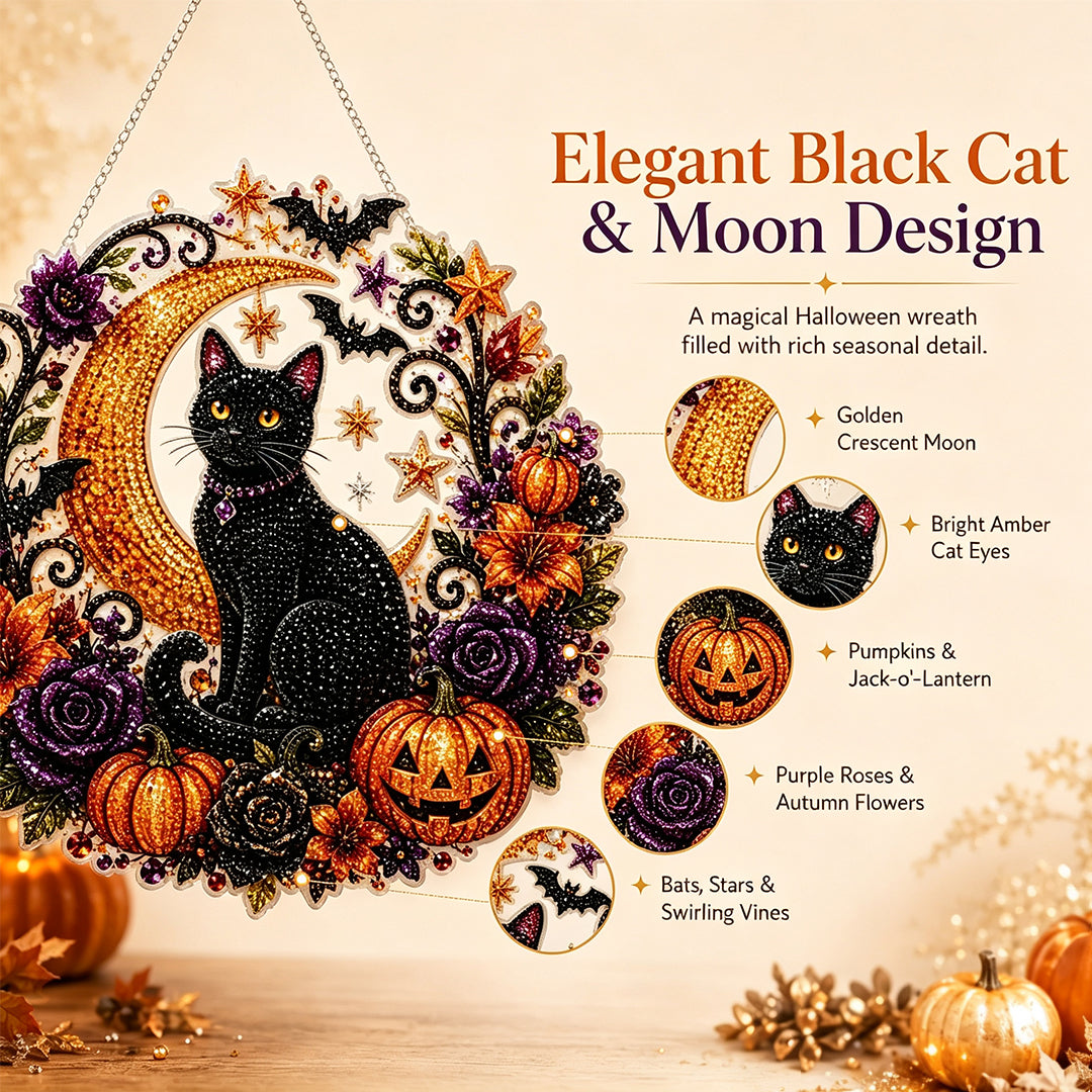Puptailor Halloween Black Cat and Moon DIY Diamond Art Hanging Ornament Kit