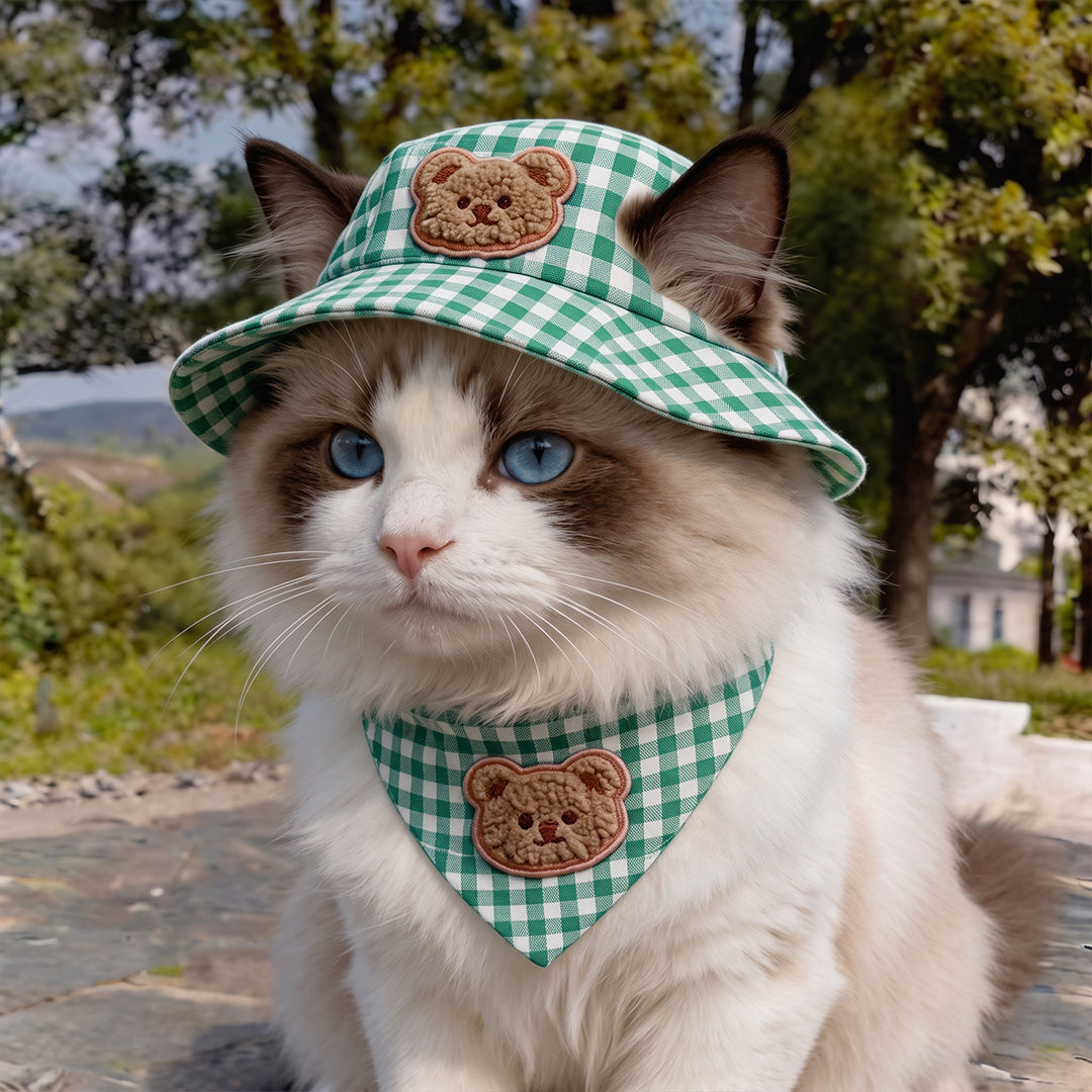 Puptailor Cute Bear Gingham Pet Hat And Bandana Set For Cats Small Dogs
