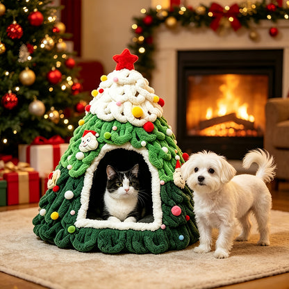 Snow-Capped Christmas Tree Cat Cave Bed