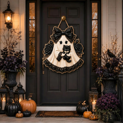 Puptailor Wooden Halloween Witch and Ghost Hanging Sign