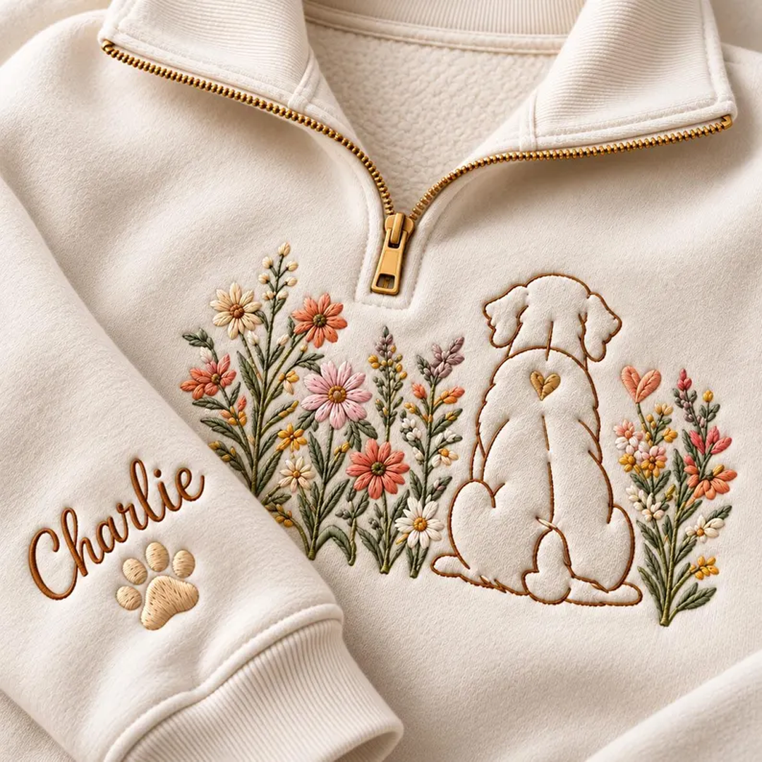 Custom Floral Line Art Pet Portrait Quarter Zip Sweatshirt