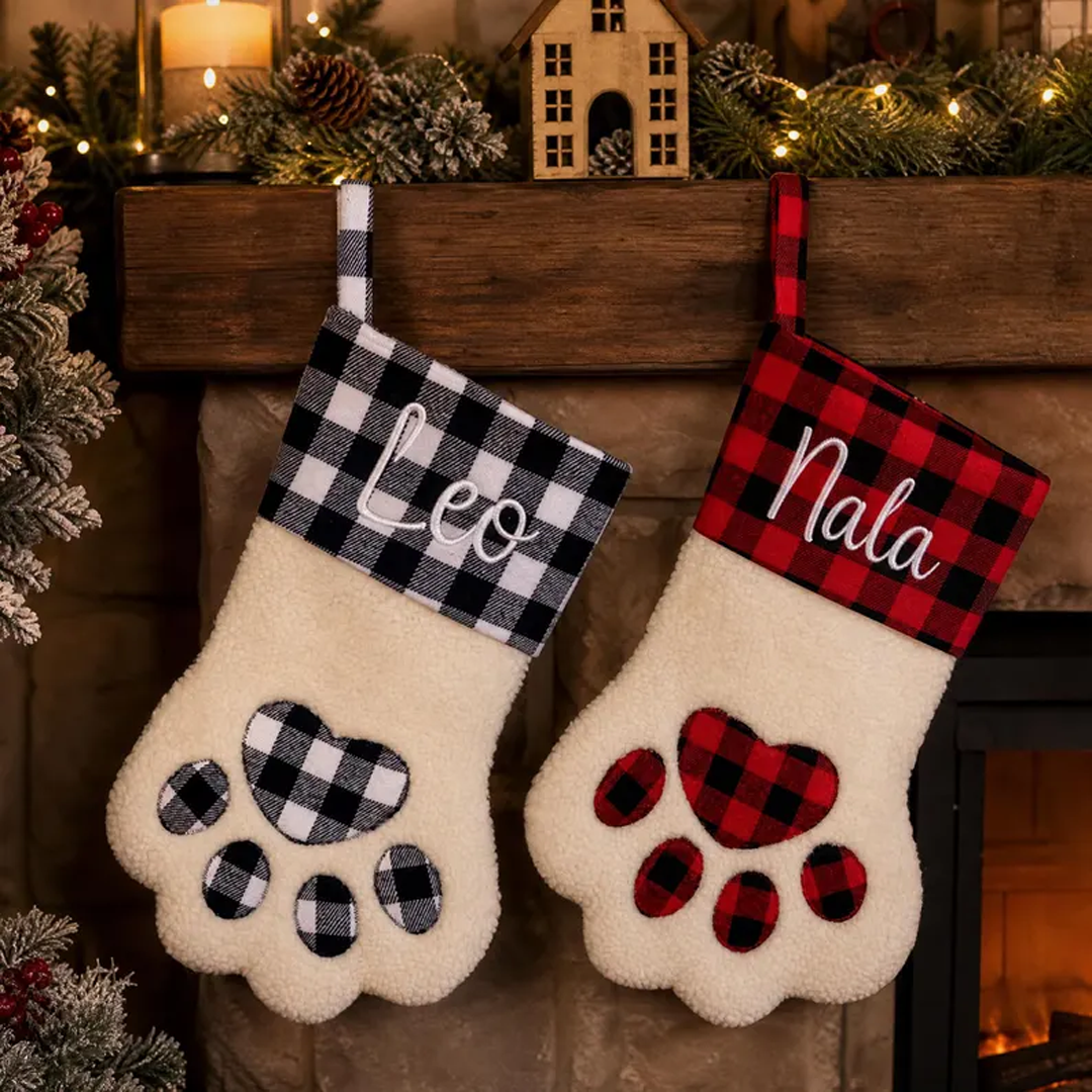 Personalized Plaid Paw Sherpa Christmas Stocking