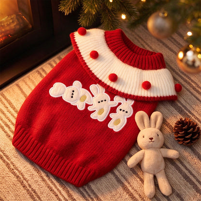 Cute, Warm, Knitted Pet Sweater With A Fold-Over Collar And Bunny Embroidery