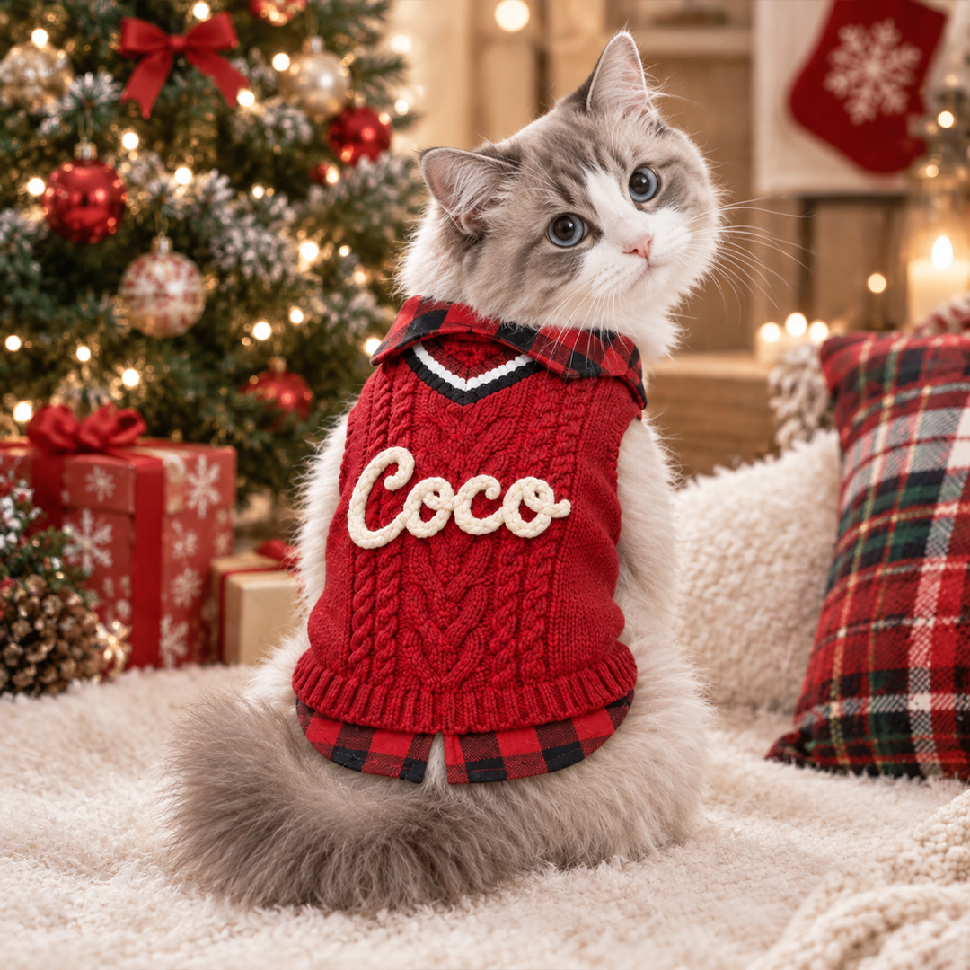 Personalized Rope Embroidery Cable Knit Plaid Pet Sweater