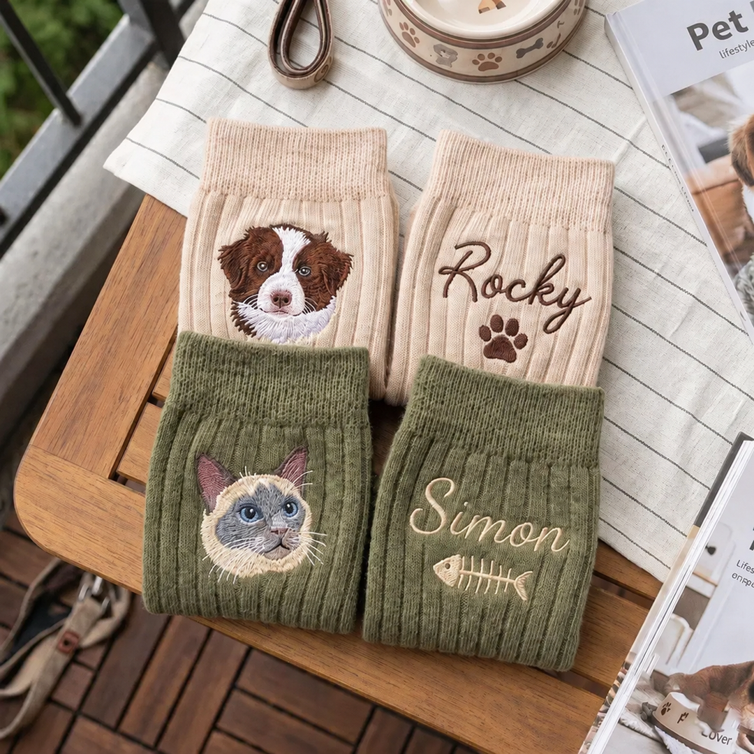 Custom Pet Portrait & Name Embroidered Crew Socks