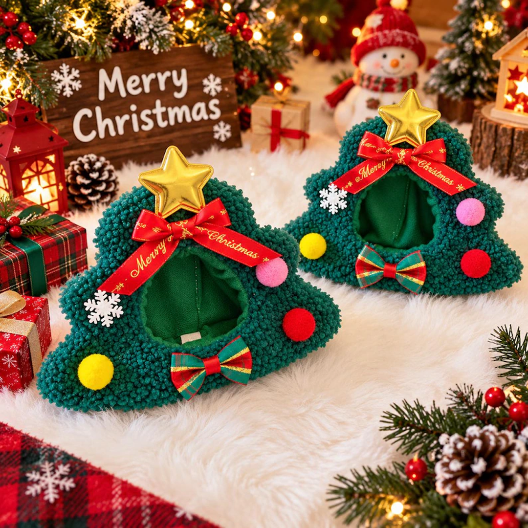 Fuzzy Christmas Tree Pet Hat with Star & Bells