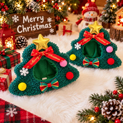 Fuzzy Christmas Tree Pet Hat with Star & Bells
