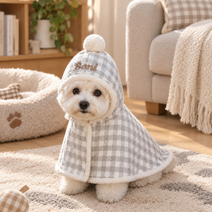 Personalized Plaid Hooded Pet Cape with Pompom
