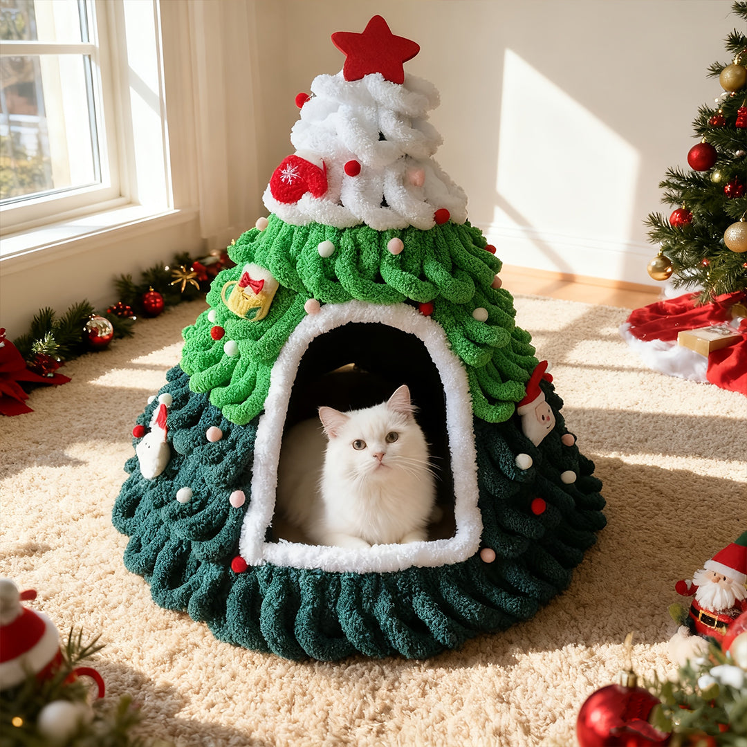Snow-Capped Christmas Tree Cat Cave Bed