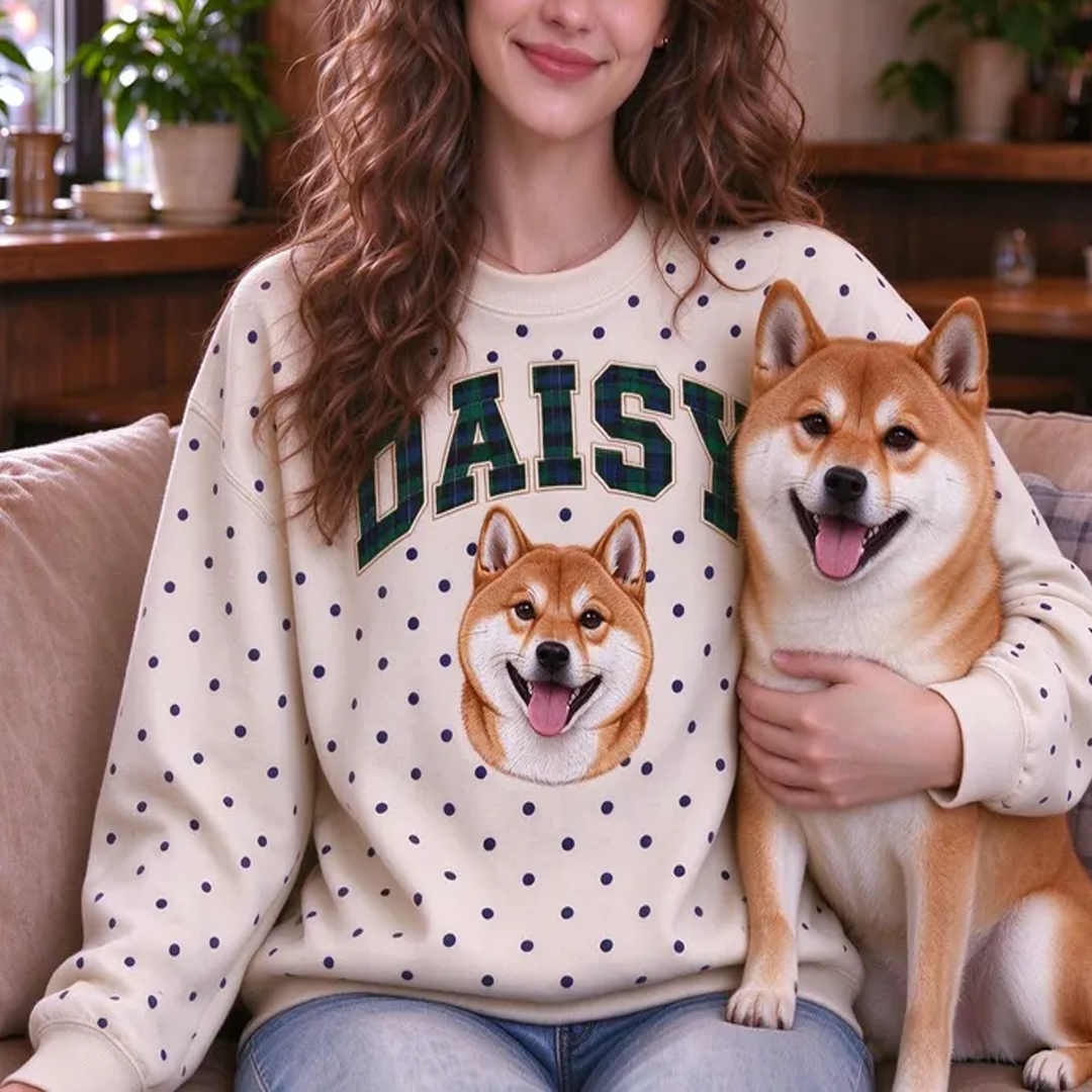 Custom Polka-Dot Plaid Varsity Pet Portrait Sweatshirt
