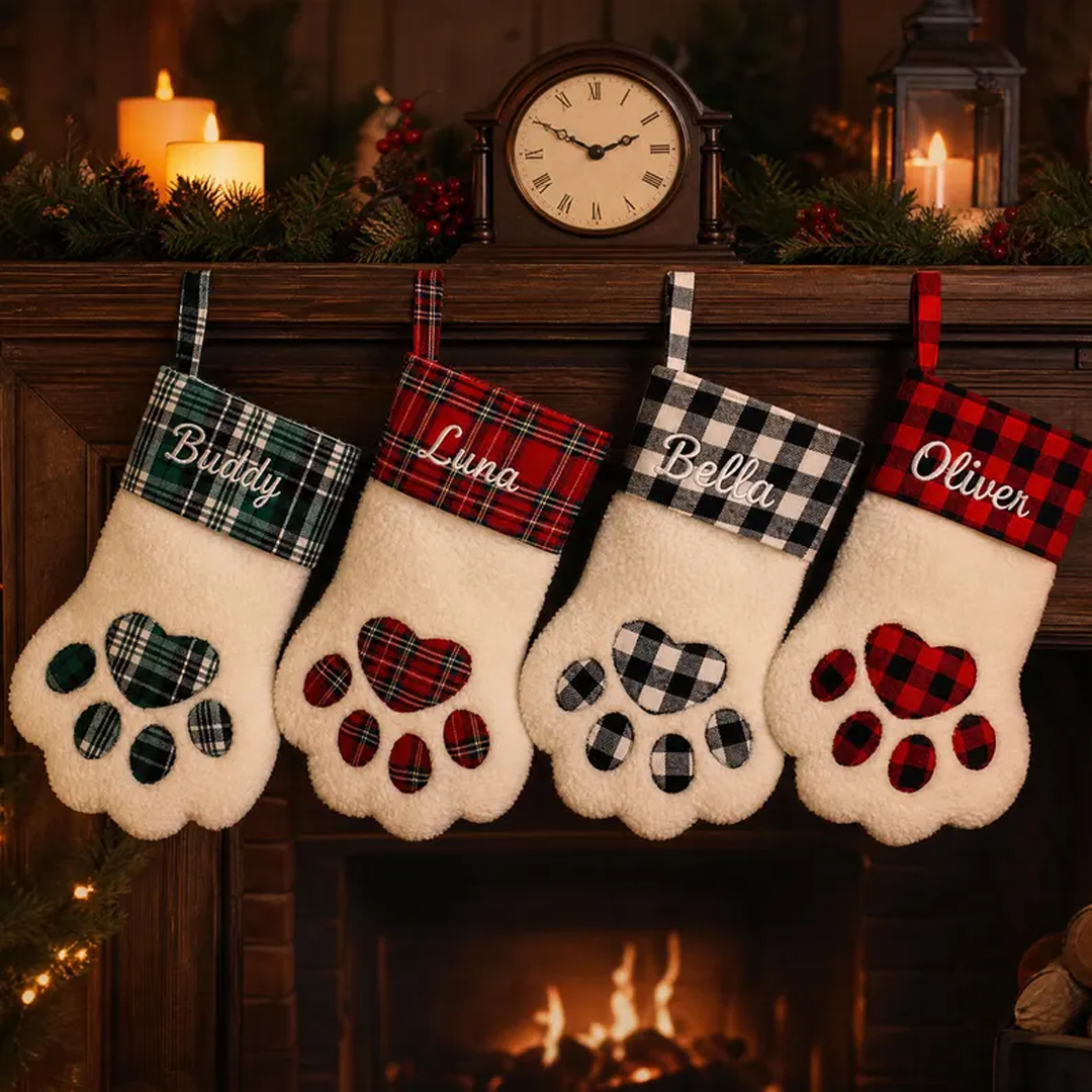 Personalized Plaid Paw Sherpa Christmas Stocking