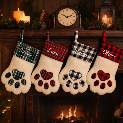 Personalized Plaid Paw Sherpa Christmas Stocking