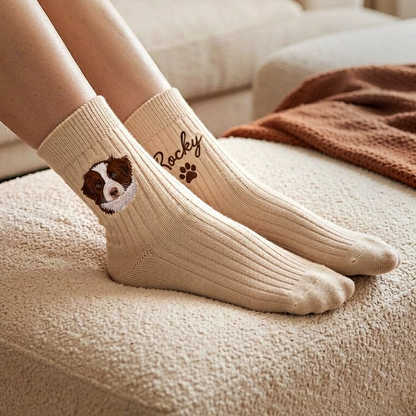Custom Pet Portrait & Name Embroidered Crew Socks