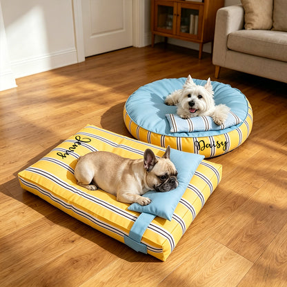 Personalized Waterproof Striped Pet Bed with Pillow