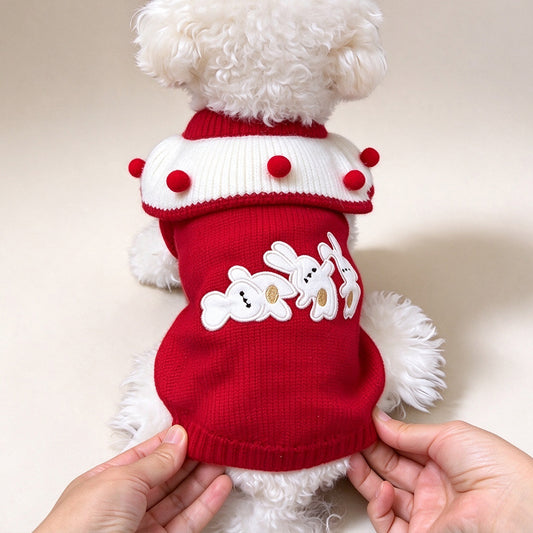 Cute, Warm, Knitted Pet Sweater With A Fold-Over Collar And Bunny Embroidery