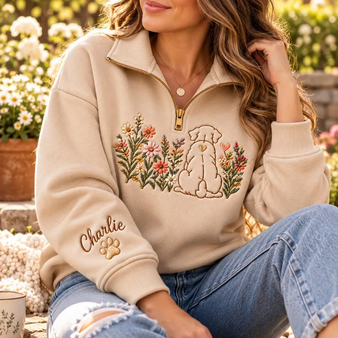 Custom Floral Line Art Pet Portrait Quarter Zip Sweatshirt