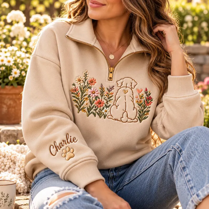 Custom Floral Line Art Pet Portrait Quarter Zip Sweatshirt