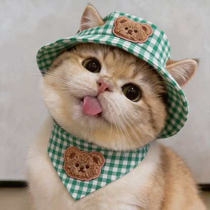 Puptailor Cute Bear Gingham Pet Hat And Bandana Set For Cats Small Dogs