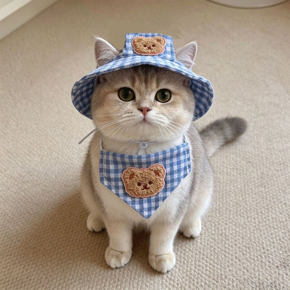 Puptailor Cute Bear Gingham Pet Hat And Bandana Set For Cats Small Dogs
