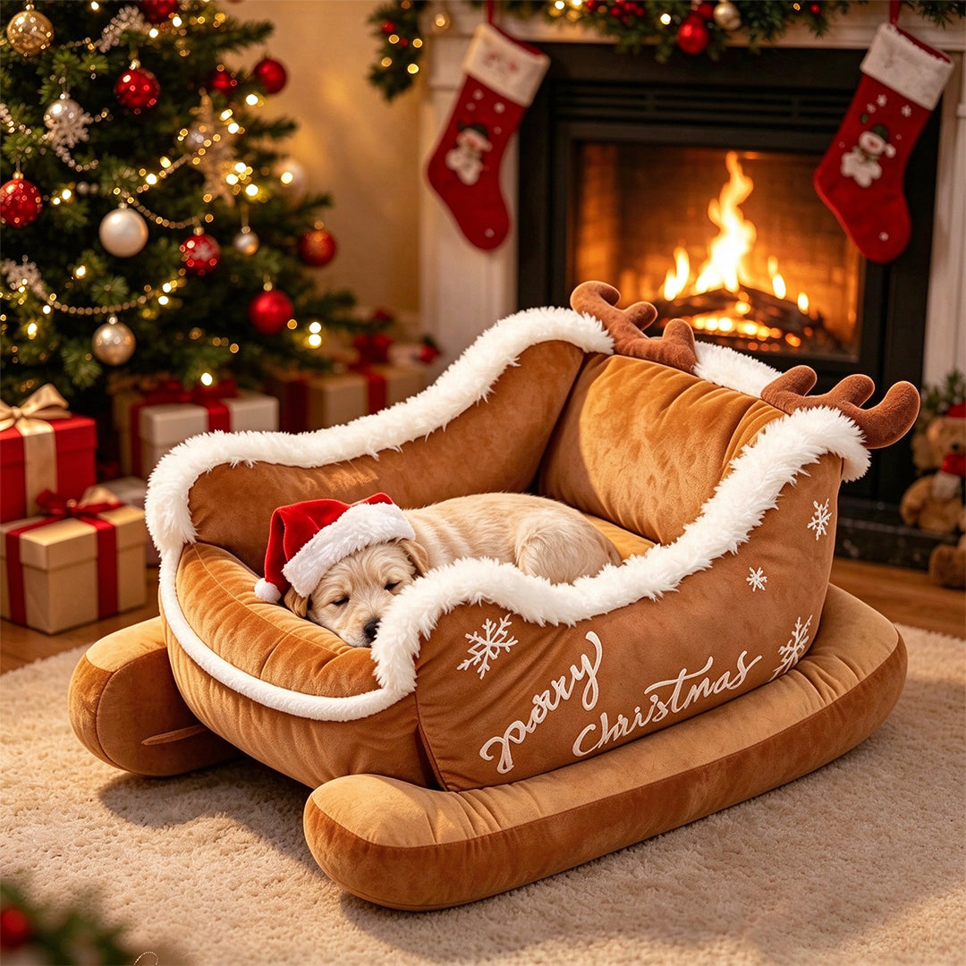 Santa Sleigh Pet Bed with Plush Fur Trim