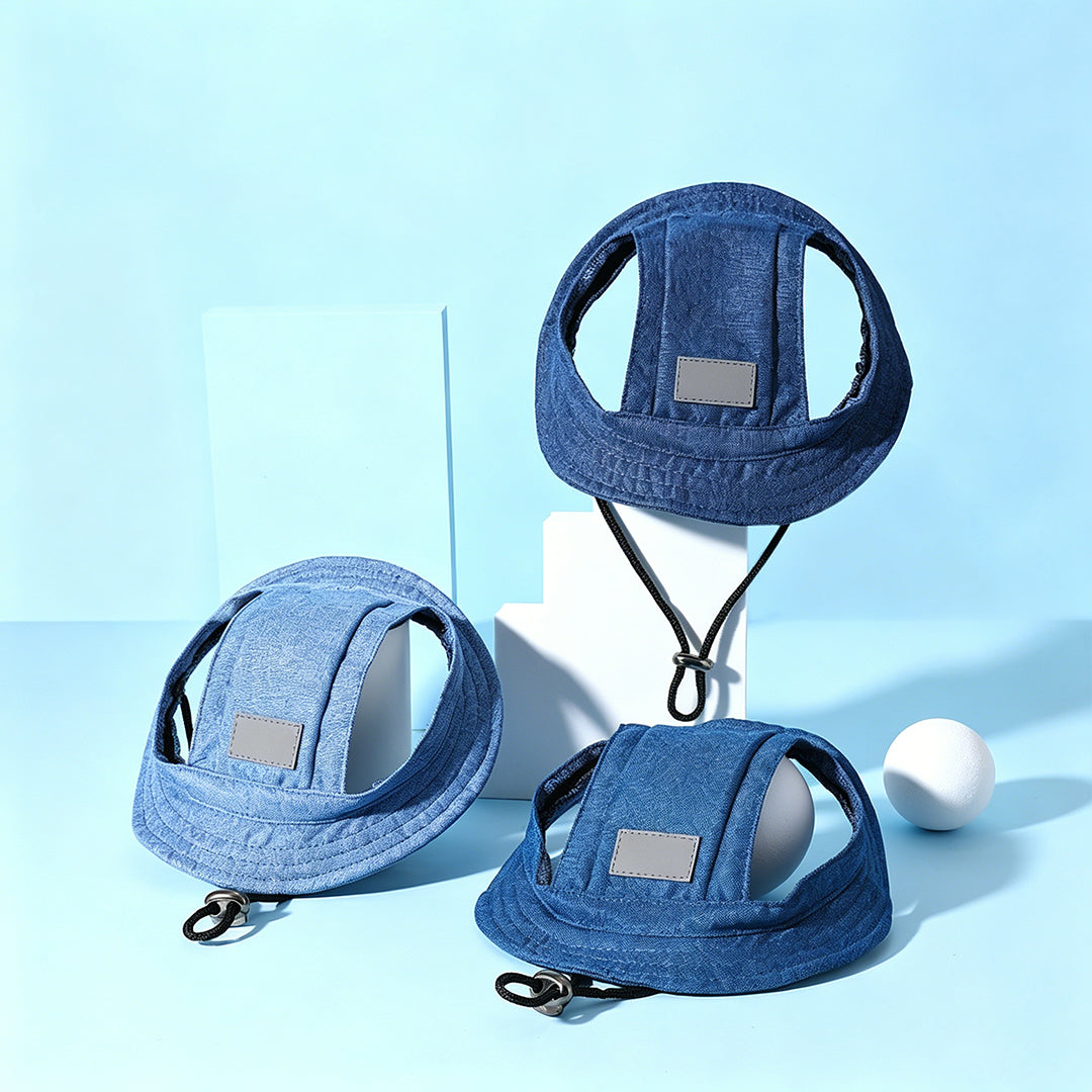 Personalized Custom Ear-Hole, Sun-Protective, Linen-Look Denim-Style Sun Hat for Dogs