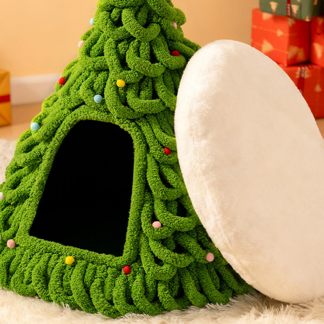 Christmas Tree Cat Cave Bed with Removable Cushion