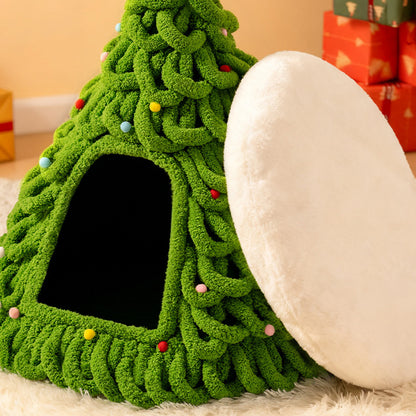 Christmas Tree Cat Cave Bed with Removable Cushion