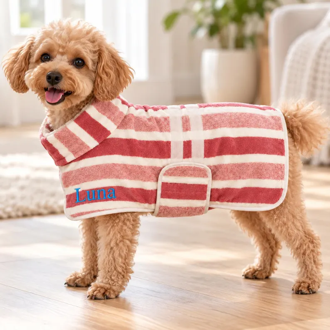 Personalized Striped Terry Pet Bathrobe with Adjustable Wrap