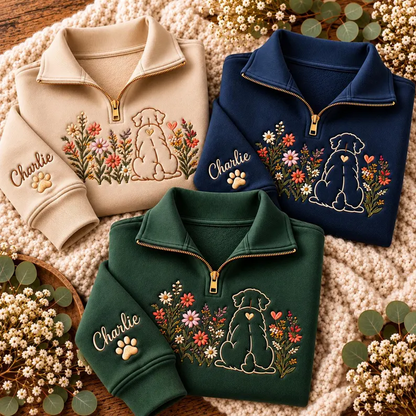 Custom Floral Line Art Pet Portrait Quarter Zip Sweatshirt