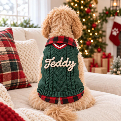 Personalized Rope Embroidery Cable Knit Plaid Pet Sweater