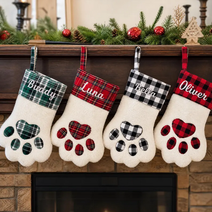 Personalized Plaid Paw Sherpa Christmas Stocking