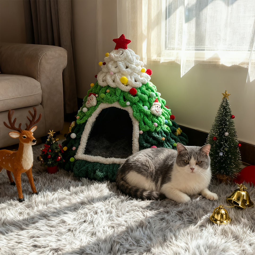 Snow-Capped Christmas Tree Cat Cave Bed