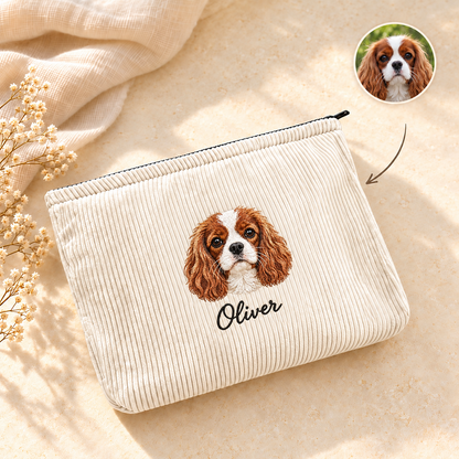 Personalized Pet Portrait Corduroy Makeup Bag with Embroidered Name