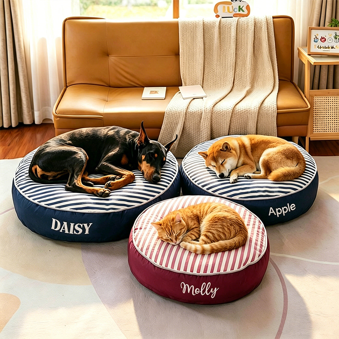 Personalized Round Striped Pet Bed with Embroidered Name