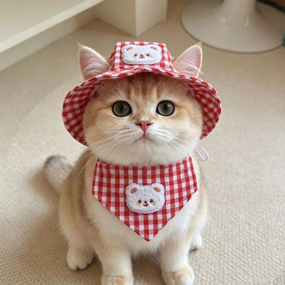 Puptailor Cute Bear Gingham Pet Hat And Bandana Set For Cats Small Dogs