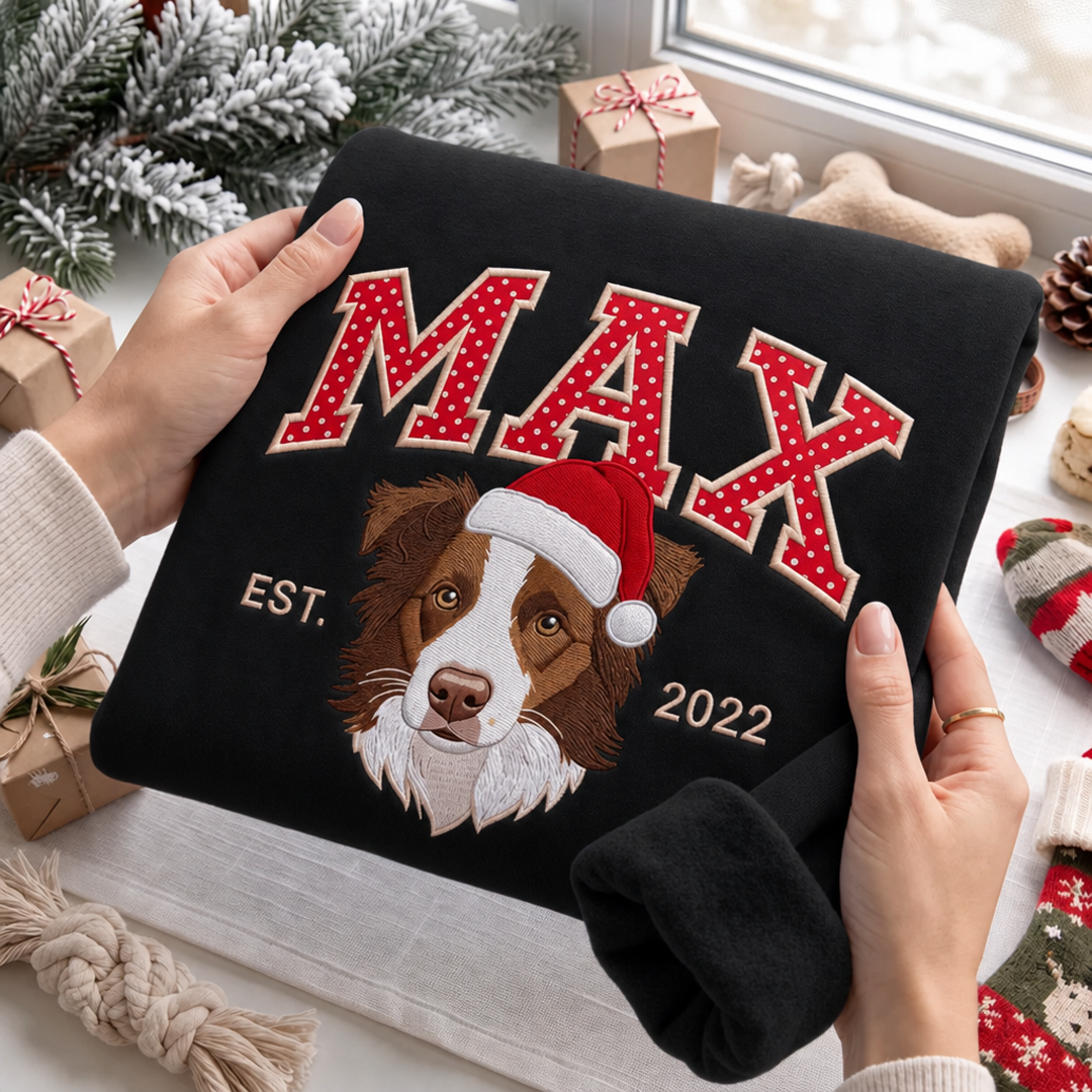Custom Polka-Dot Varsity Pet Portrait Christmas Sweatshirt
