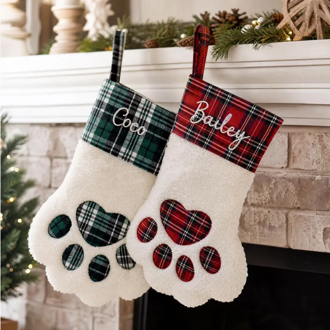 Personalized Plaid Paw Sherpa Christmas Stocking