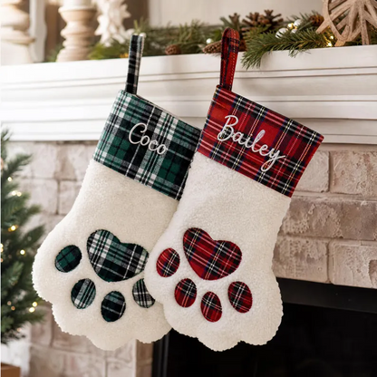 Personalized Plaid Paw Sherpa Christmas Stocking